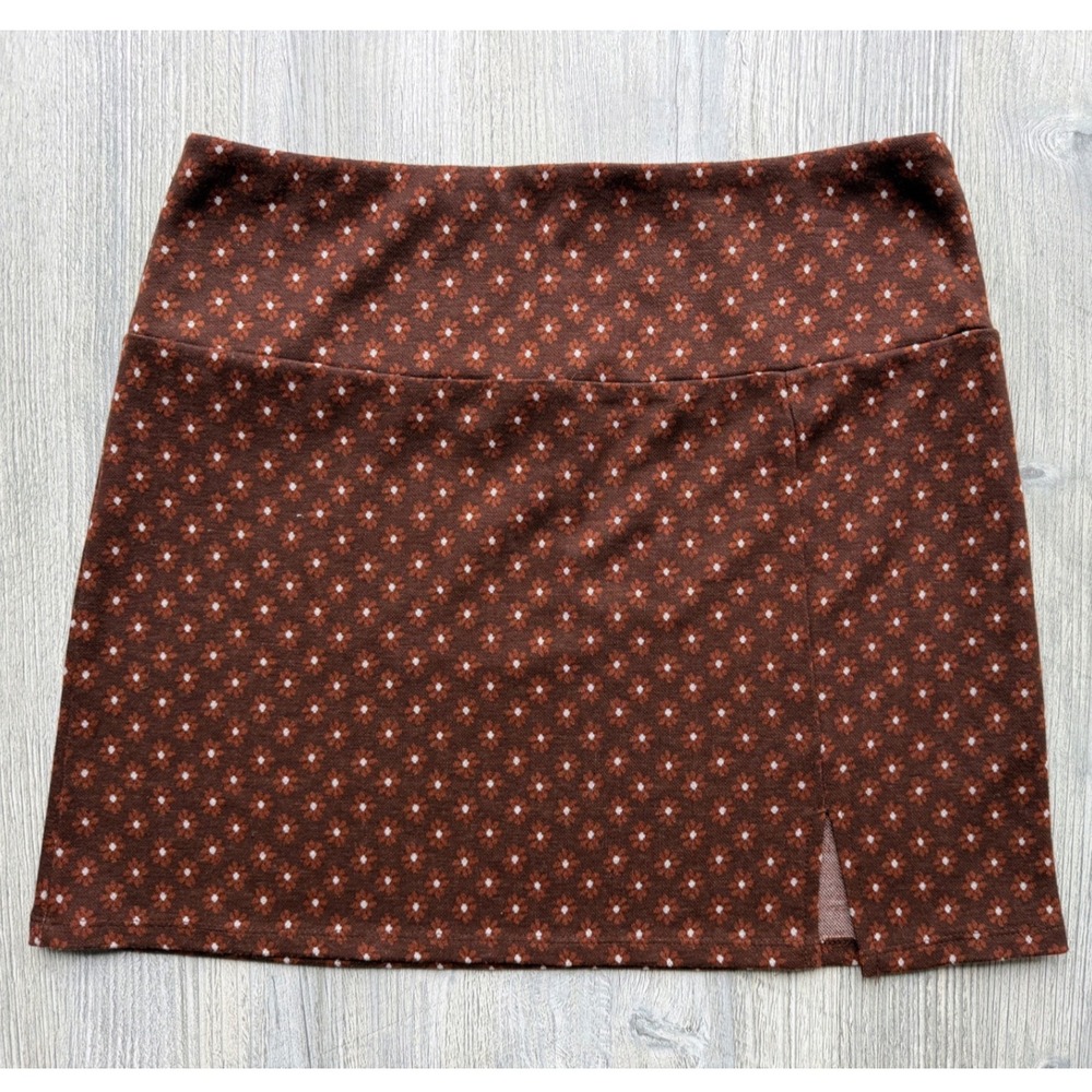Ultra Flirt Brown Floral Mini Skirt Side Slit Dark Academia Preppy Y2K Large